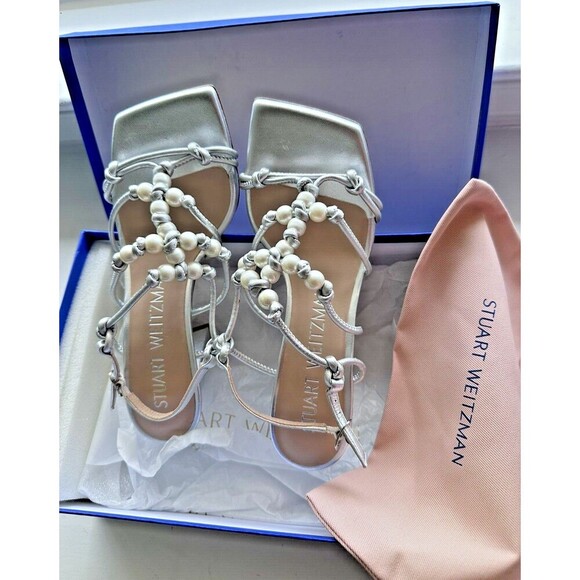 STUART WEITZMAN Women's Sandals Shoes Faux Pearl Block Heels Leather Silver 7 - Picture 2 of 8